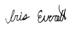 Iris's signature Photo of Iris's signature in cursive from the book.