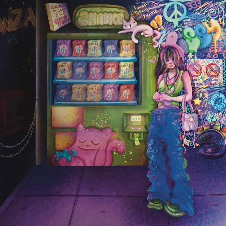 Urban Echoes by Allie Smith A colorful, surreal street scene with a vending machine, graffiti-covered wall, and a girl in baggy jeans and neon top. Cartoonish cats, doodles, and vibrant textures create a dreamy, chaotic atmosphere blending urban culture and fantasy.